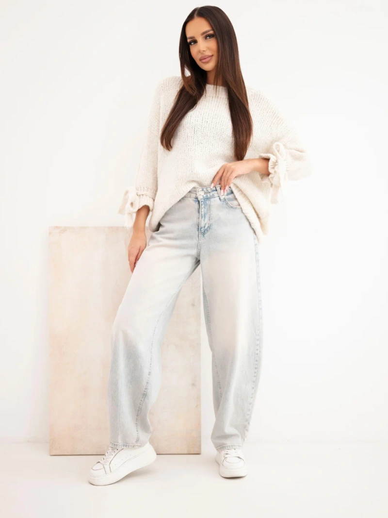 Damen Oversize Pullover mit Bindungen an den Ärmeln beige