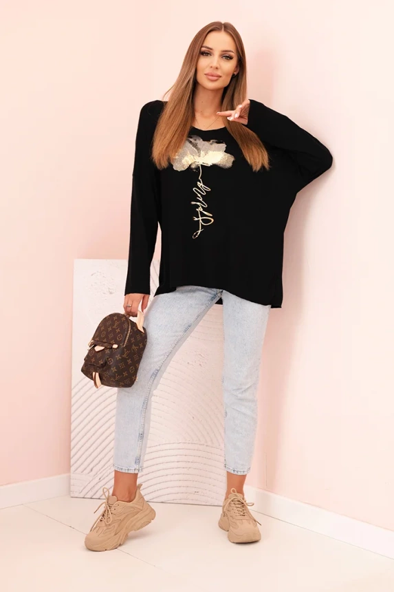 Women's viscose blouse with long sleeves and gold floral print black