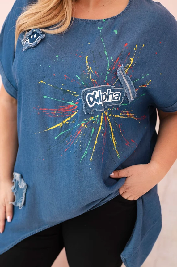 Dámska blúzka Plus Size s nášivkami džínovina