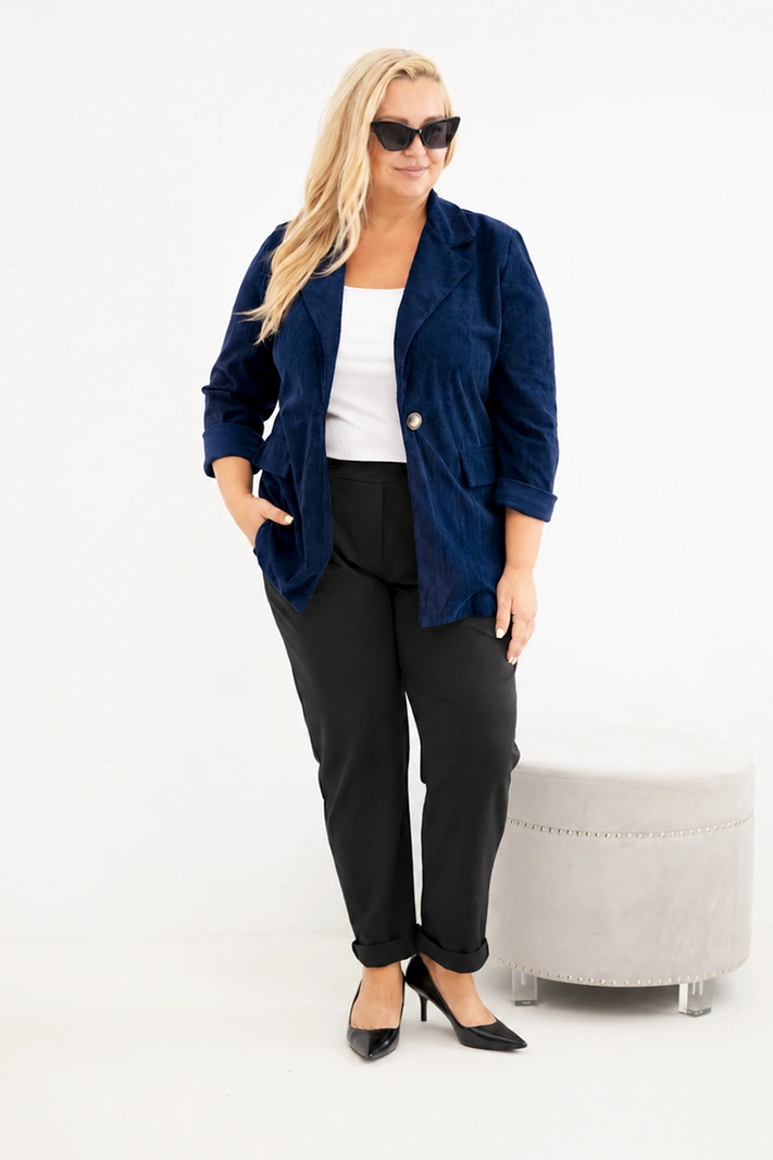 Women’s Plus Size Corduroy Blazer with Lapels and Pockets navy blue