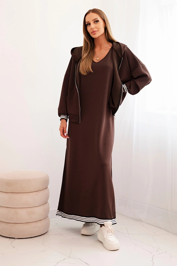 Damen-Set aus Viskose mit einer offenen Bluse und einem langen Kleid braun