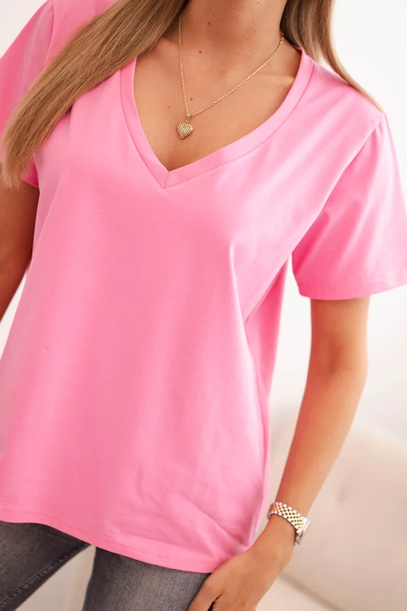 Women's cotton blouse with a V-neck and short sleeves light pink