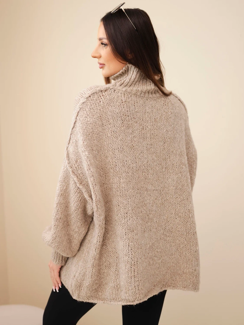 Damen Oversize Pullover mit Wollanteil, Rollkragen und weiten Ärmeln dunkelbeige