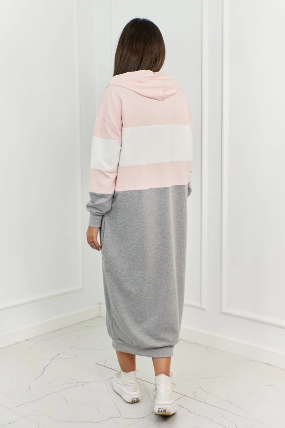 Dreifarbiges Kleid mit Kapuze puderrosa + ecru + grau