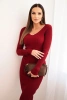 Women's ribbed dress with a V-neck and long sleeves burgundy
