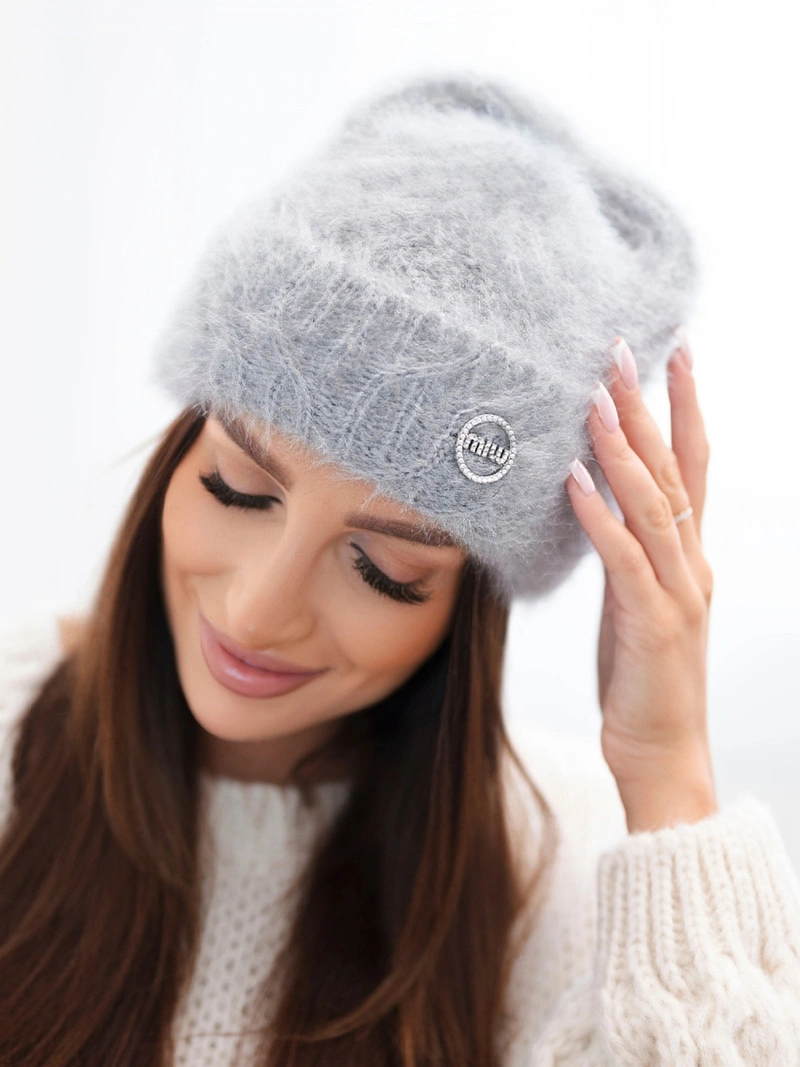 A hat women's ribbed with viscose blend and patch gray
