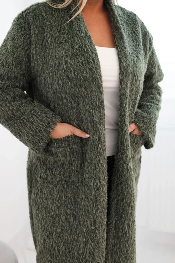 Dámský kabát Plus Size z viskózy bez zapínání s kapsami khaki