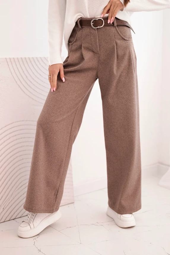 Women's pants with wide legs and a belt camel