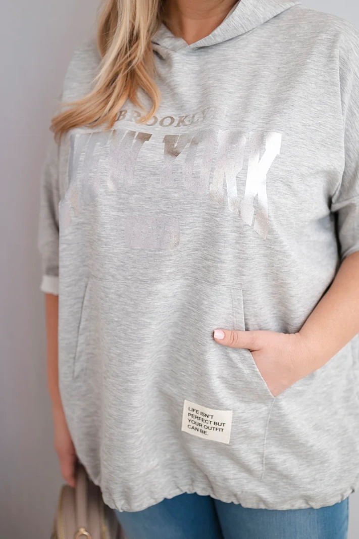 Dámska mikina Plus Size z viskózy s kapucňou a klokankovým vreckom sivý melír