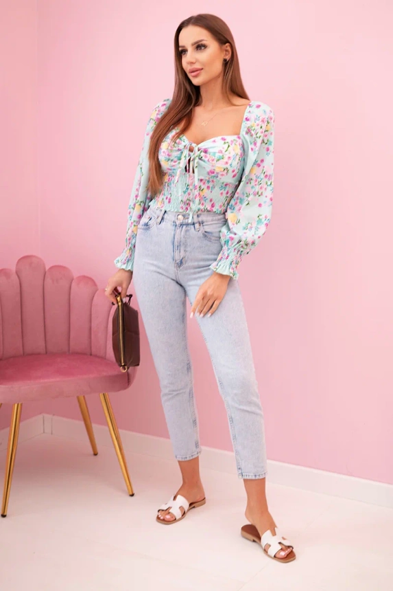 Dámska kvetinová španielska blúzka, dlhý rukáv mäta