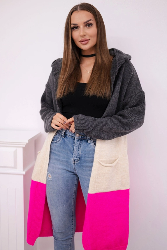 Striped hooded cardigan sweater graphite + beige + pink neon