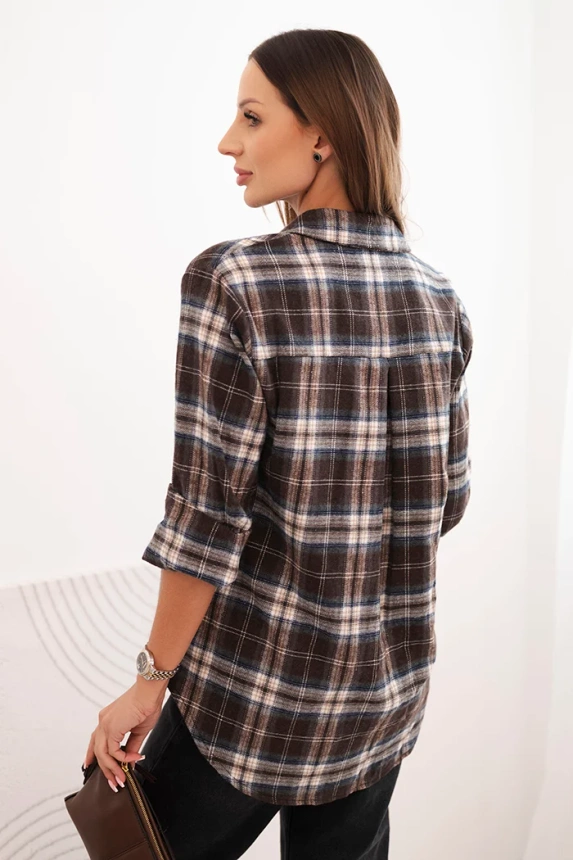 Women's checkered cotton shirt with a longer back brown