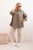 Dámská blůza Plus Size s bavlnou, kapsou a ohrnutým rukávem khaki