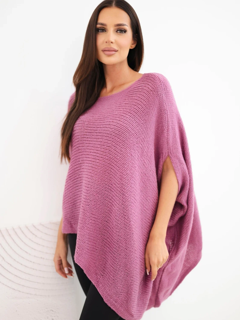 Women's asymmetrical poncho sweater with mohair and wide neckline dark pink