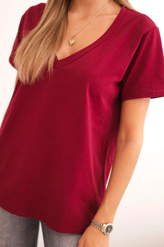 Women's cotton blouse with a V-neck and short sleeves burgundy