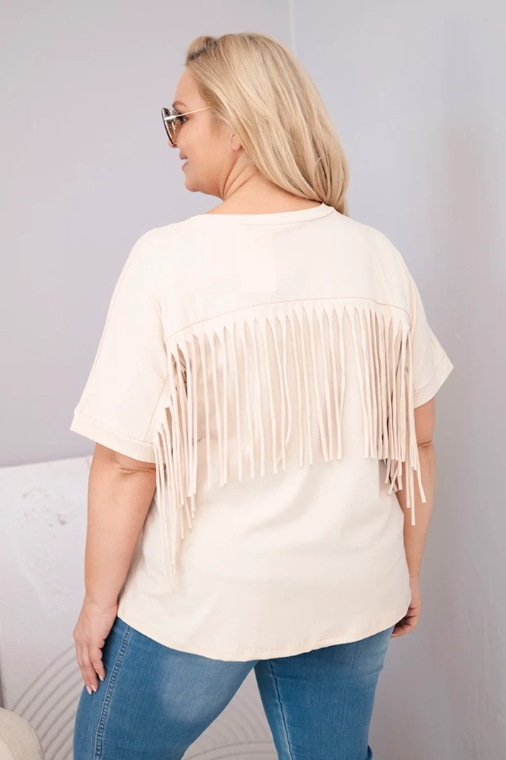 Women's cotton plus-size blouse with V-neck and fringes on the back beige