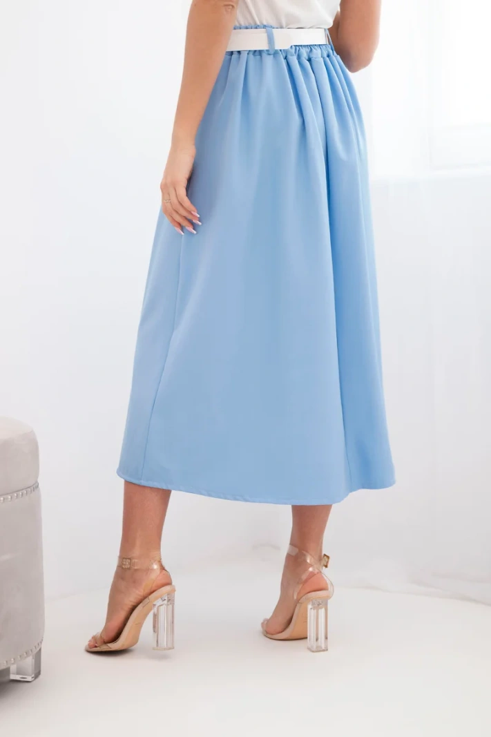 Women's viscose skirt with a belt and pleats blue