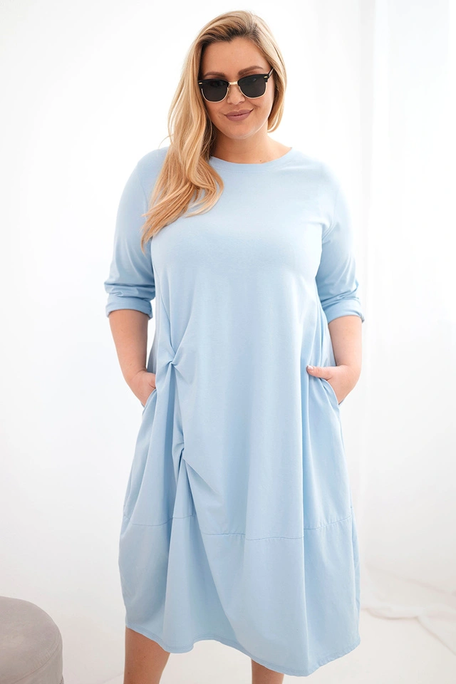 Plus Size women's cotton dress with ruching blue