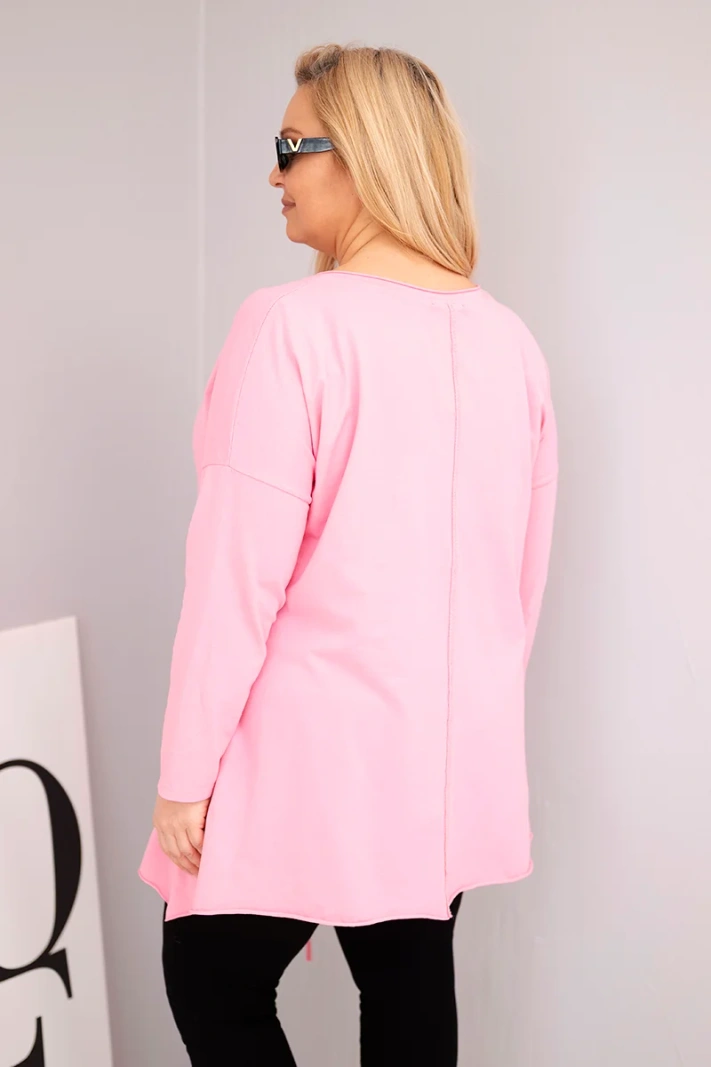 Plus Size women's cotton blouse with an asymmetrical bottom and cutouts light pink