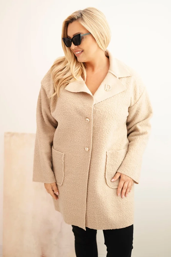 Dámský kabát Plus Size beránek s vlnou a kapsami béžový