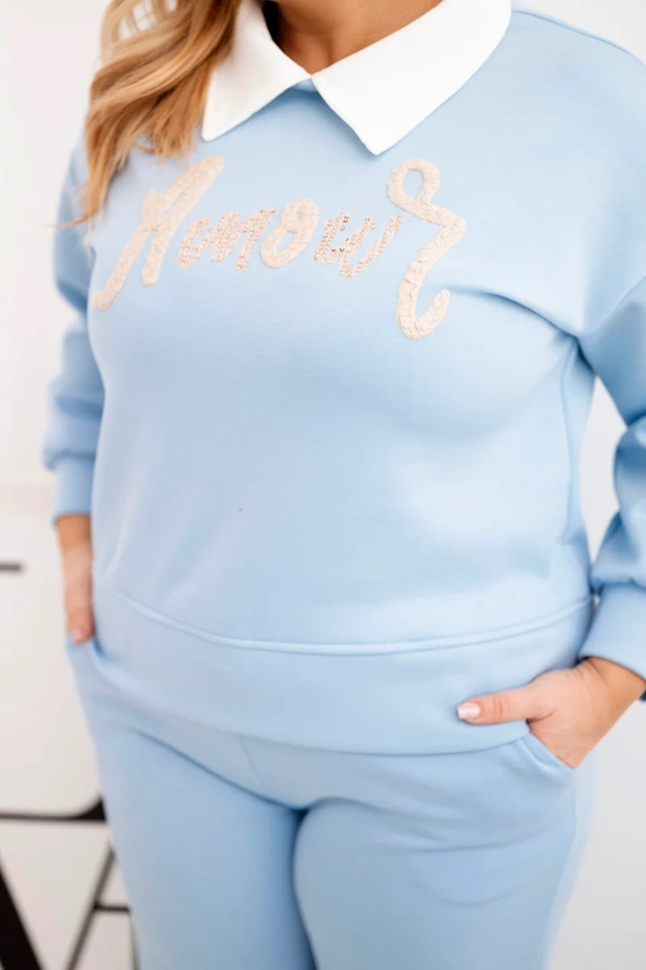 Damenkomplettset Masełko Plus Size mit weitem Bein und Kragen blau