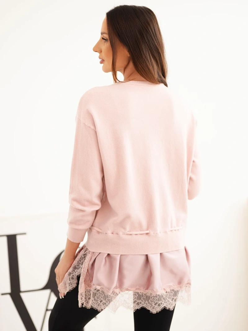 Damen Viskosepullover mit spitzenbesatz und Bindung rosa pudrig