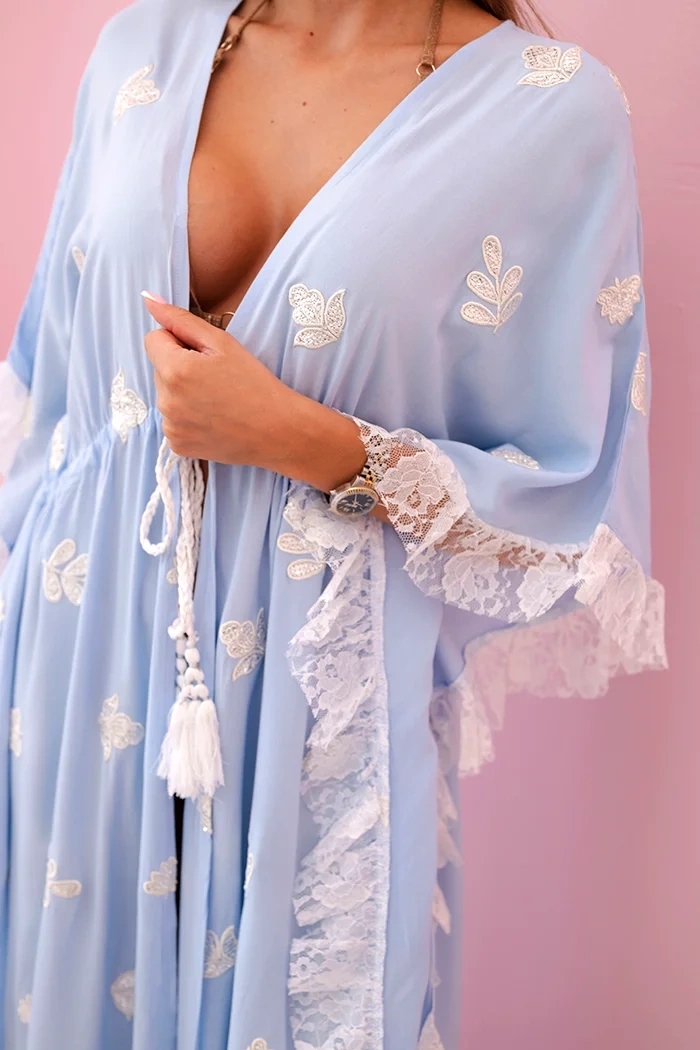 Damen Boho Viskose Cape mit Spitze blau