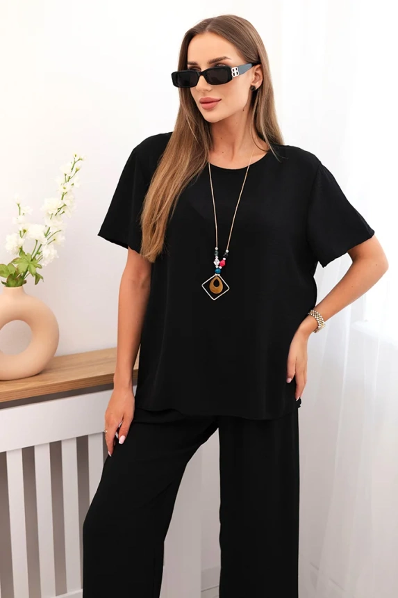 Damen-Set mit lockerer Bluse und weiter Hose schwarz