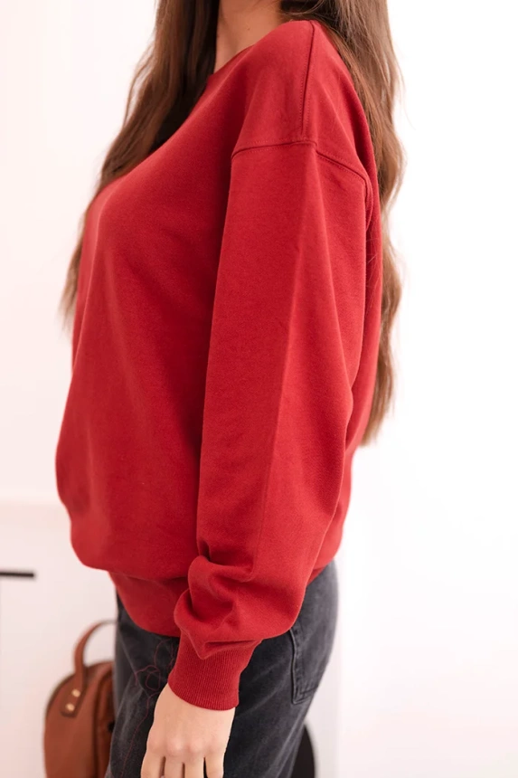 Women's basic cotton loop sweatshirt with a round neckline burgundy