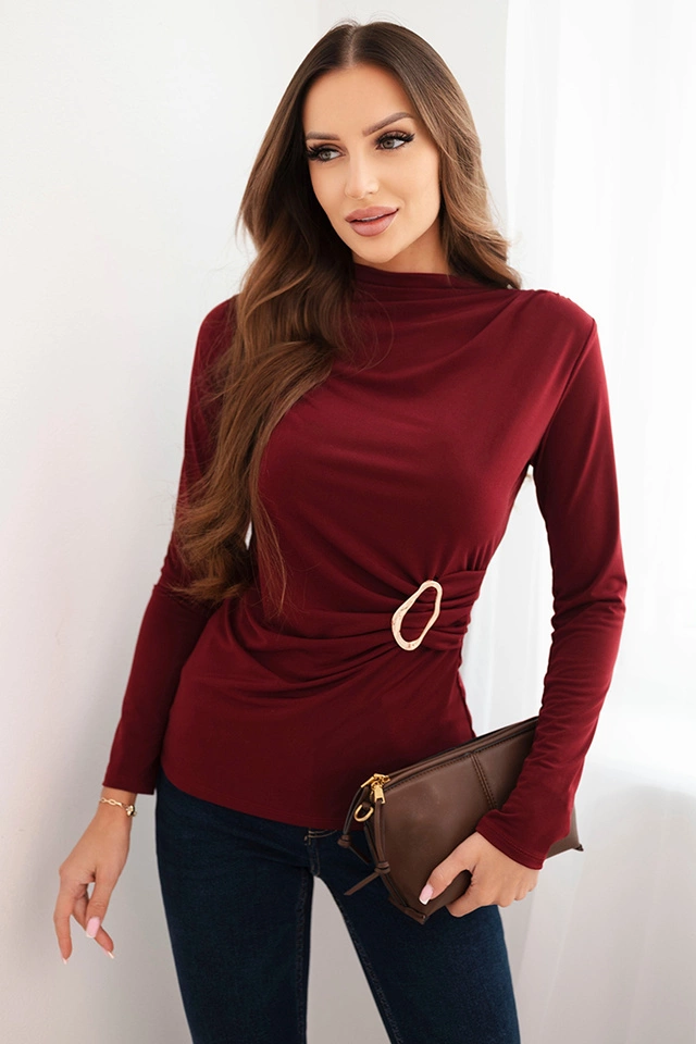 Women's viscose blouse with gathering and decorative buckle burgundy