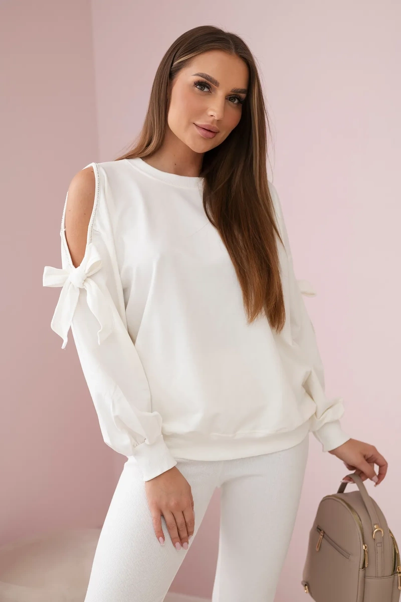 Komplet bluzy z kokardą na rękawach i legginsów ecru zdjęcie 1