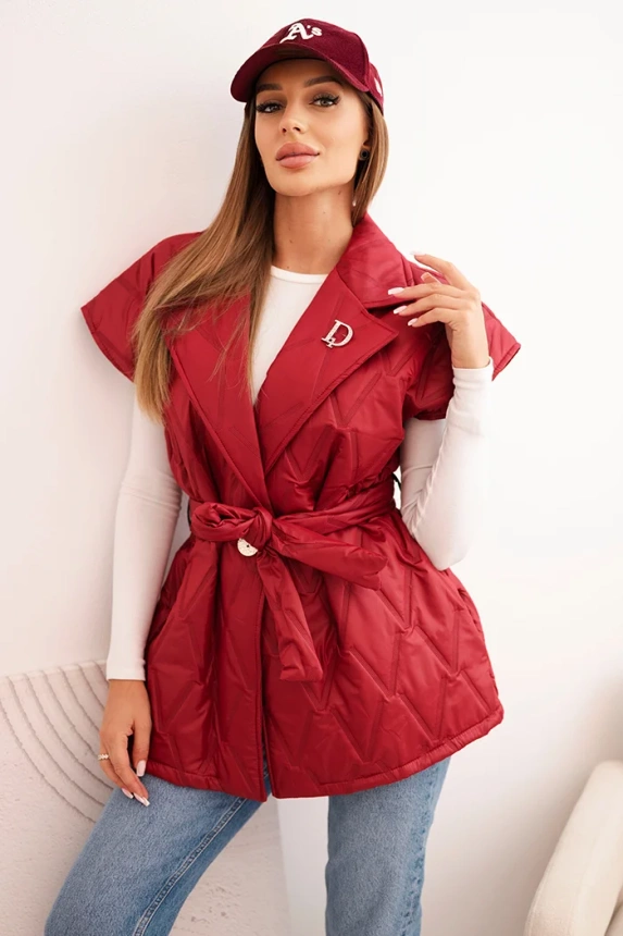 Women's quilted vest with a belt and wide collar burgundy