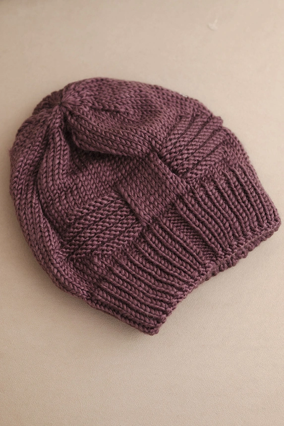 Women's winter hat acrylic with decorative weave K462 dark purple