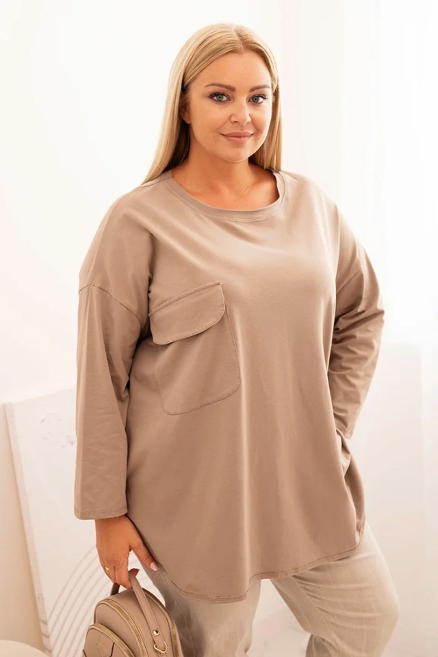 Bluzka damska Plus Size z bawełną z kieszenią i rękawem podwijanym fango