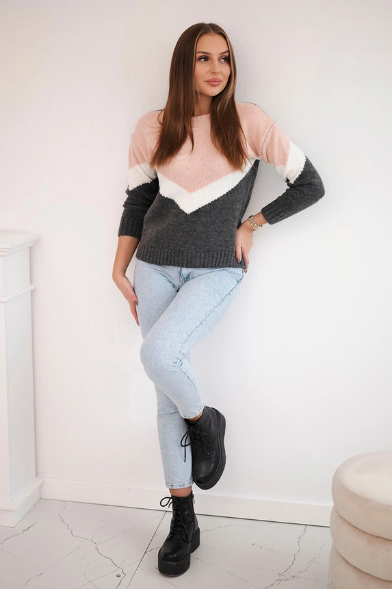 Sveter s geometrickými vzormi púdrová ružová+grafitu