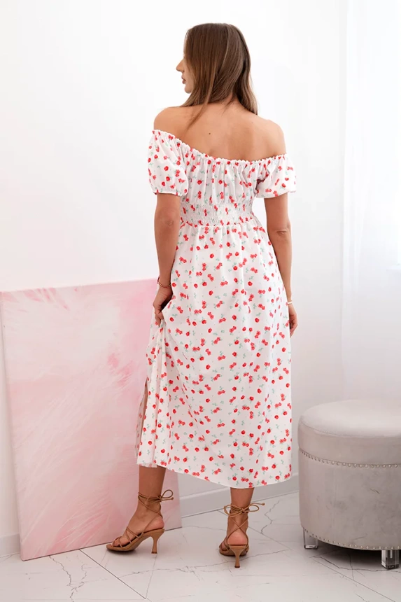 Maxikleid für Damen mit Blumen und Puffs weiß