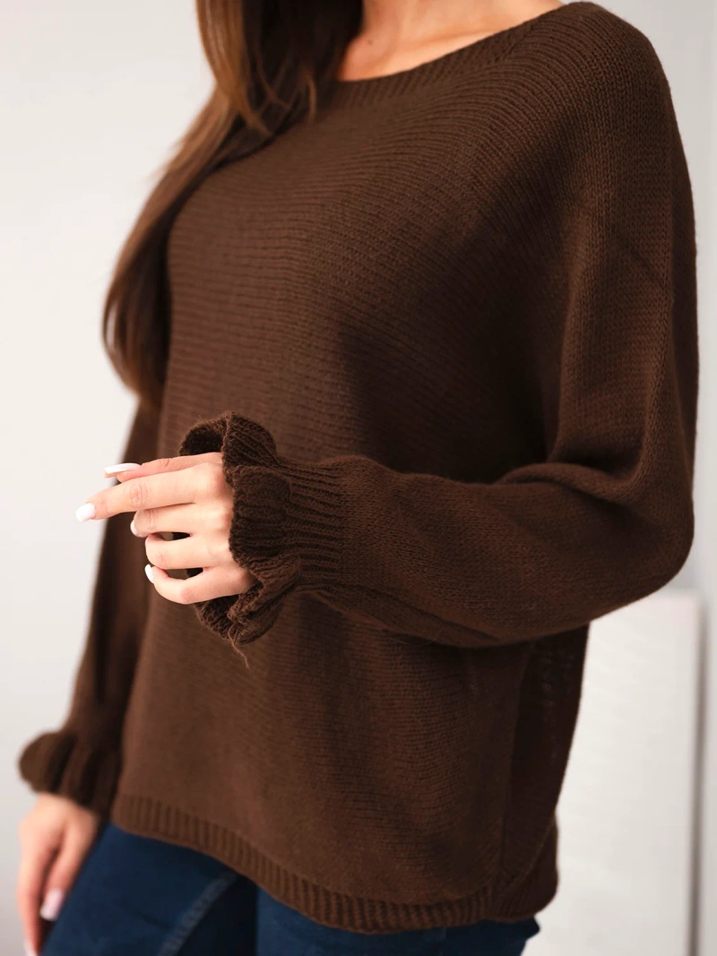 Women's mohair sweater with ruched sleeves and back cutout chocolate