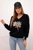 Women's blouse with v-neck and embroidered flower black 