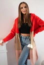 Striped hooded cardigan sweater red+camel+powder pink