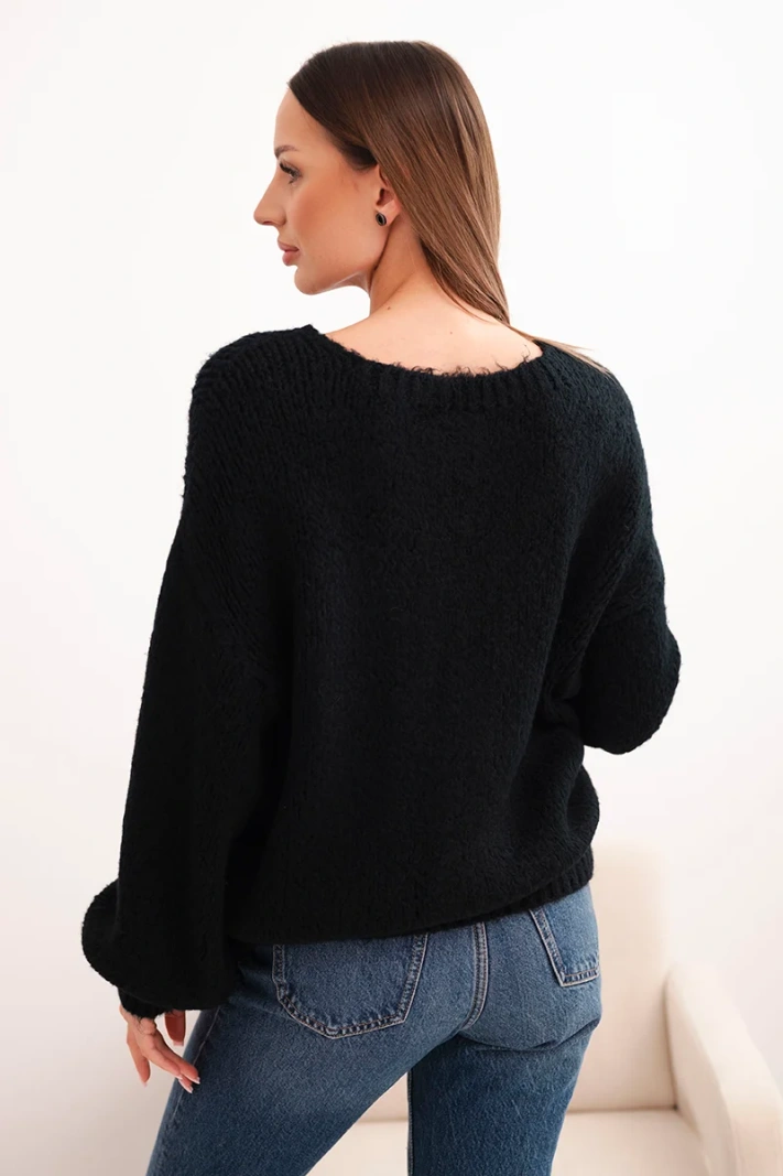 Damenpullover aus Wolle mit grober Strickart und langen Ärmeln schwarz