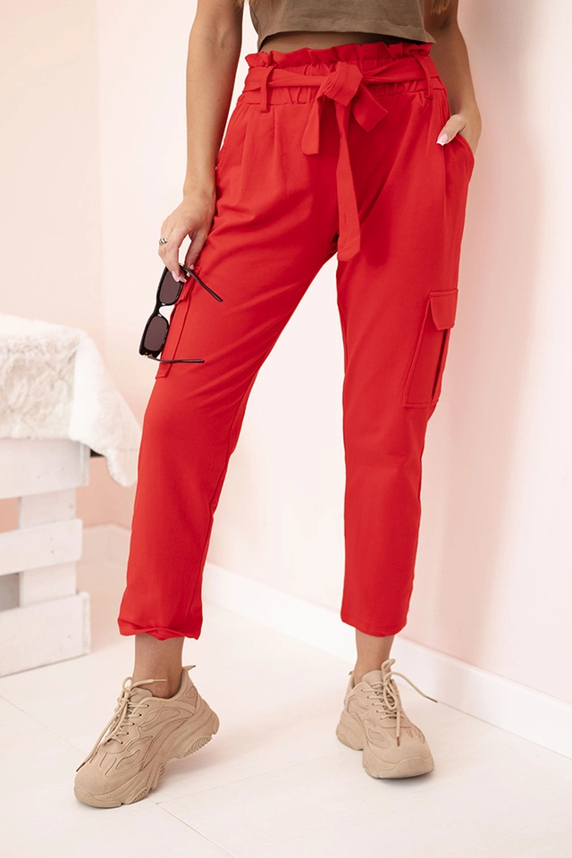 Spodnie damskie z wysokim stanem cargo czerwone