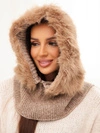 Women’s knitted hood hat with fur and neck cover camel