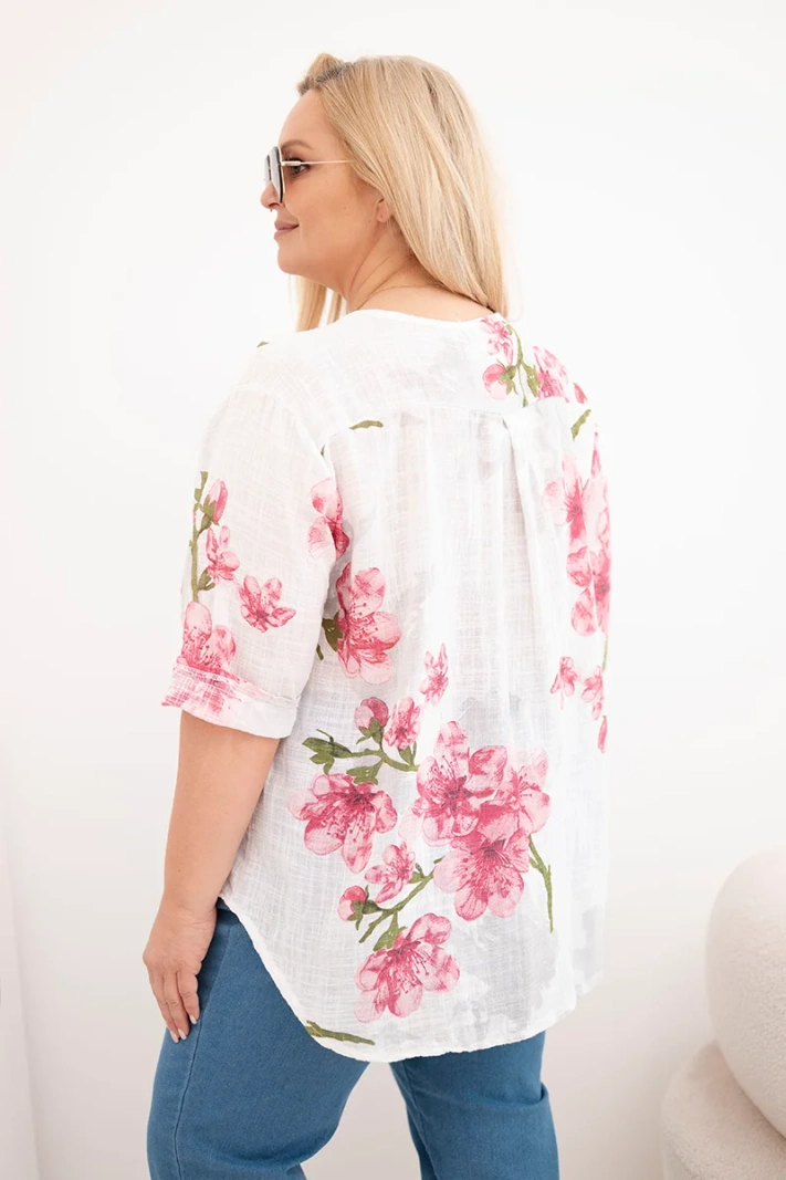 Damen-Baumwollbluse Plus-Size mit V-Ausschnitt im Blumenmuster weiß