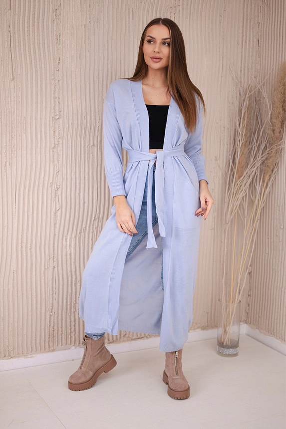 Long cardigan sweater tied at the waist blue