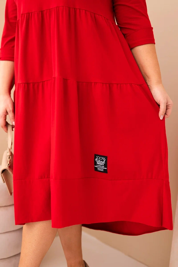 Damen Baumwollkleid Plus Size mit Rüschen und umgeschlagenen Ärmeln rot