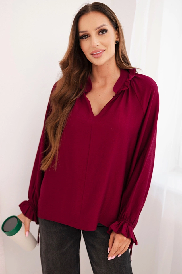 Bluzka damska z wiskozy z dekoltem V i wiązaniem przy rękawach śliwkowa
