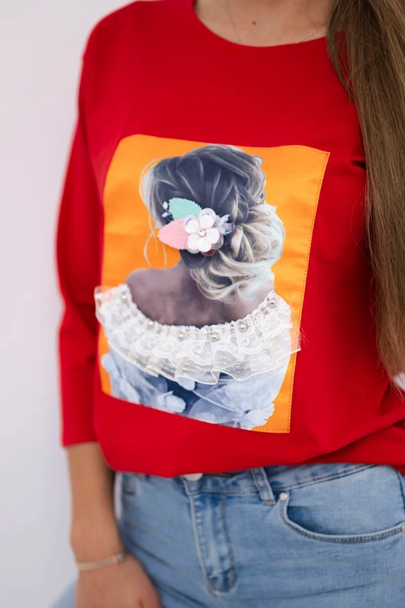 Bluse mit 3D-Grafik, Spitze rot