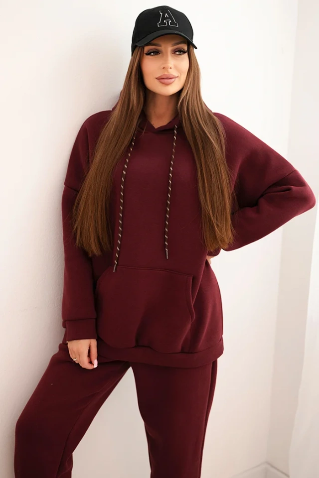 Komplet dresowy damski ocieplany z bawełny i z kapturem bordowy