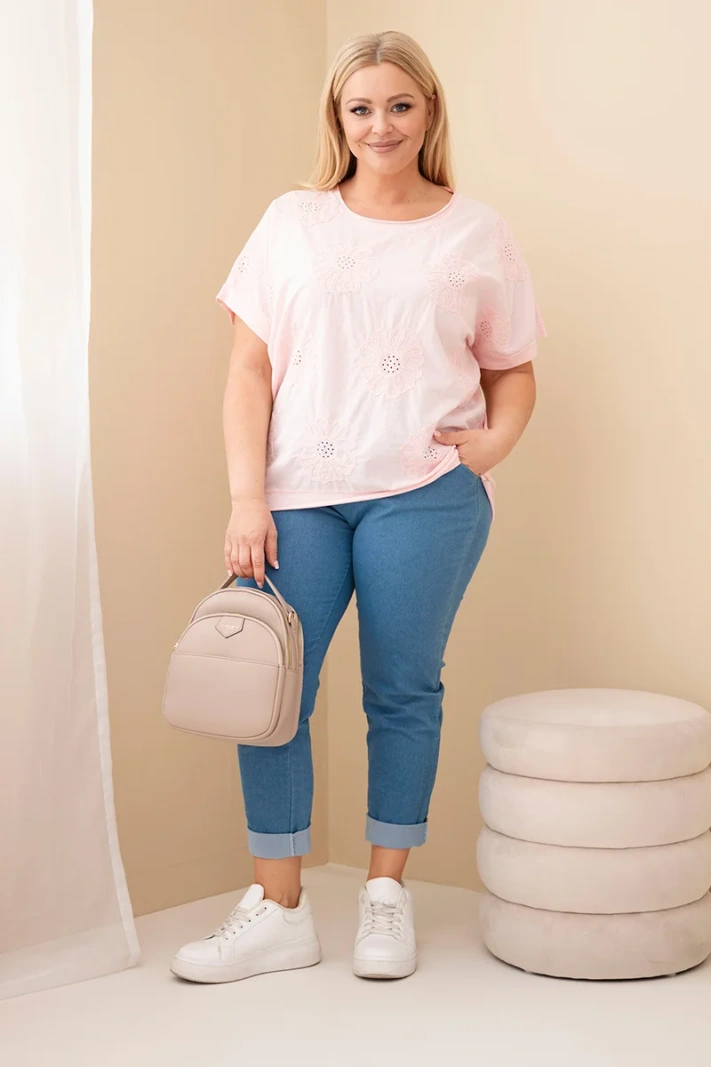 Bluzka damska bawełniana Plus Size z haftowanymi kwiatami cukierkowy róż
