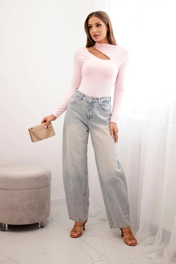 Women's bodysuit blouse with long sleeves and asymmetrical neckline powder pink